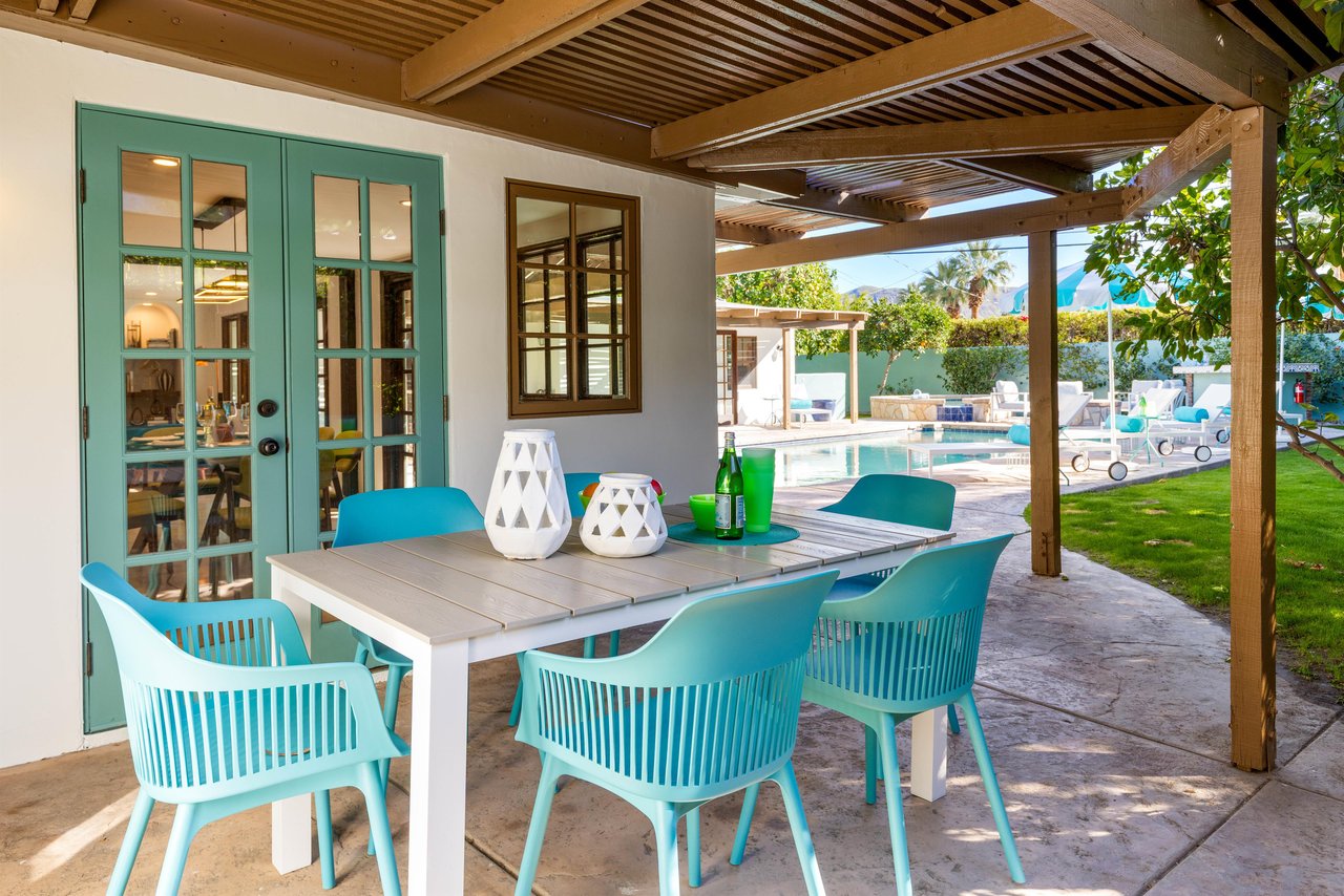 Enjoy time in the covered lounge and eating area