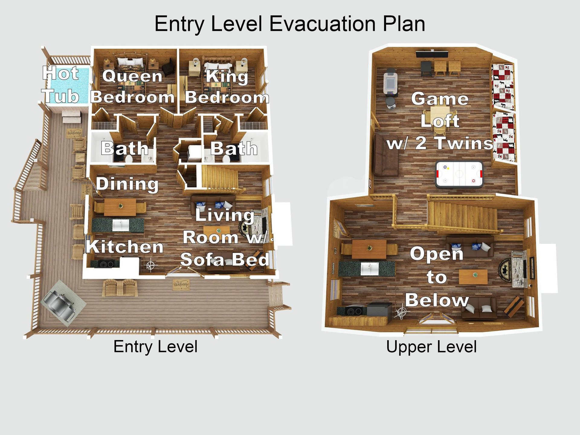 Your spacious cabin layout showcases a thoughtfully designed floor plan with private bedrooms, game loft, hot tub, and open living spaces for ultimate relaxation and fun.