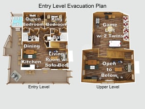 Your spacious cabin layout showcases a thoughtfully designed floor plan with private bedrooms, game loft, hot tub, and open living spaces for ultimate relaxation and fun.