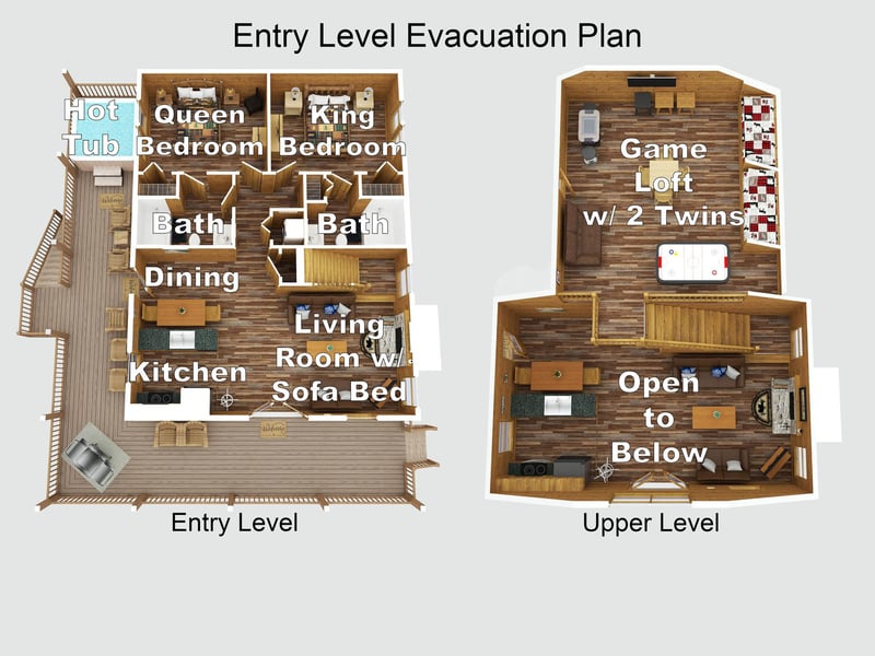 Your spacious cabin layout showcases a thoughtfully designed floor plan with private bedrooms, game loft, hot tub, and open living spaces for ultimate relaxation and fun.