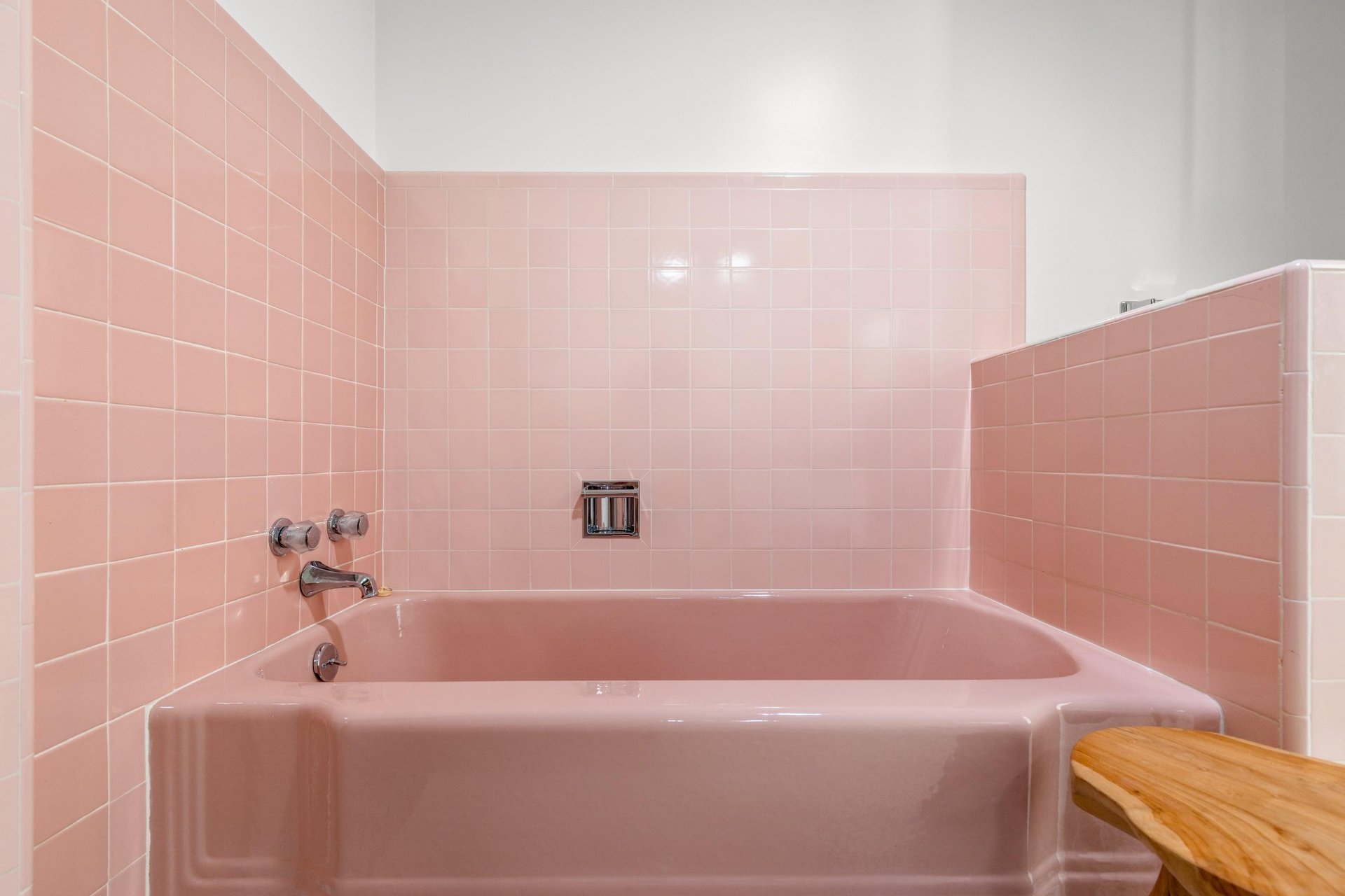 Ensuite bathroom with standalone shower, tub, and beautiful pink tile