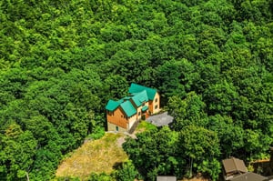 A secluded mountain retreat with distinctive green roofing nestled within dense forest canopy, offering natural privacy and scenic woodland surroundings.