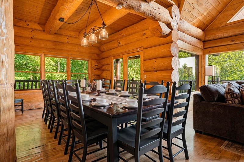 Gather around the handcrafted dining table beneath soaring timber beams and let the surrounding forest views set the scene for your group meals and laughter.