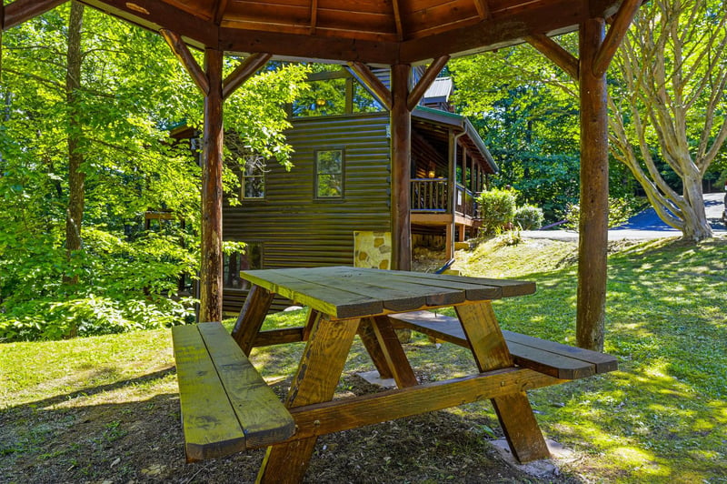 Nestled among towering trees, this wooden picnic pavilion overlooks the cabin and invites you to enjoy warmweather meals surrounded by lush greenery and peaceful garden views.