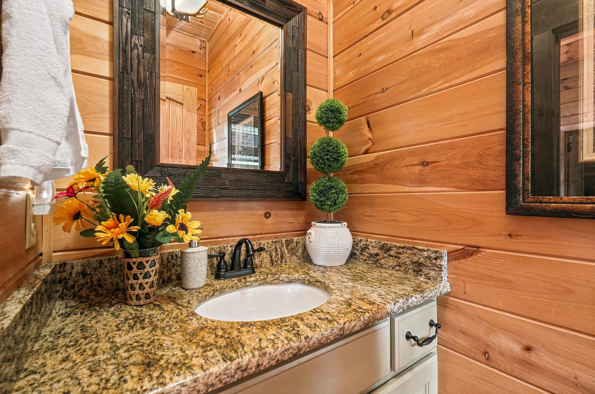 Warm wood walls and a granite vanity create a welcoming space where you can freshen up in comfort. A thoughtful touch of greenery adds charm to your cabin retreat.