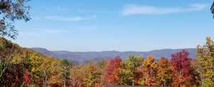 Spectacular mountain panorama framed by vibrant autumn foliage in shades of gold, crimson, and amber, creating a stunning seasonal backdrop for the property.