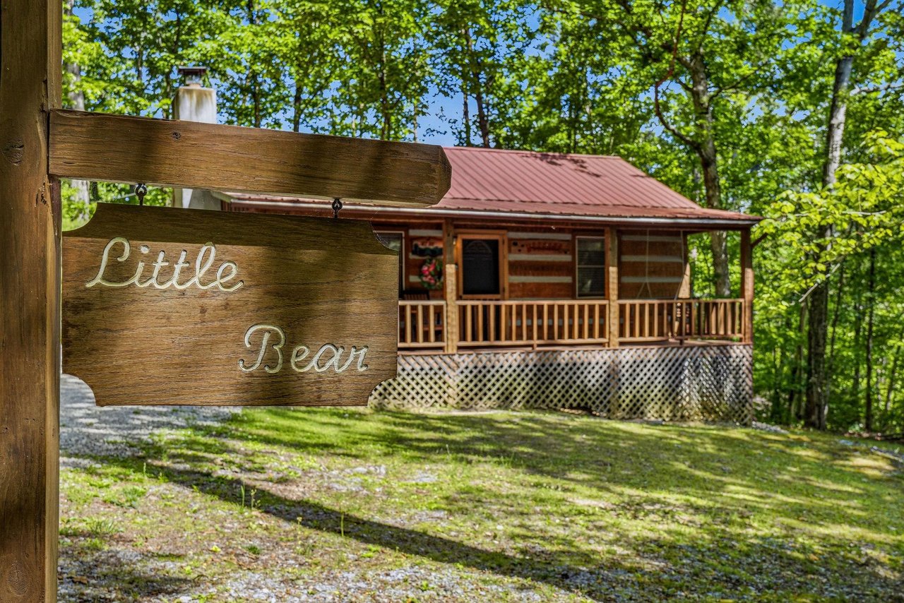 A charming log cabin named Little Bear nestled among lush green trees, offering a peaceful retreat surrounded by nature.