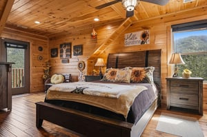 Drift off in your cozy loft bedroom, wrapped in rustic wood and sunflower charm, with sunlight streaming through large windows framing peaceful mountain views.