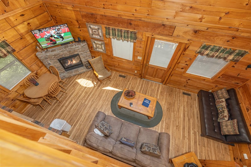 Looking down at the living room at Walkin To Gatlinburg, a 2 bedroom cabin rental located in Gatlinburg