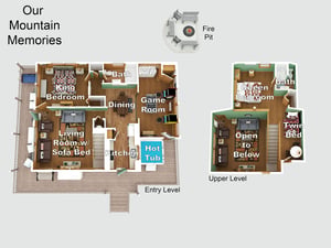 The spacious mountain cabin layout features multiple bedrooms, bathrooms, hot tub, game room, and outdoor fire pit for unforgettable family gatherings.