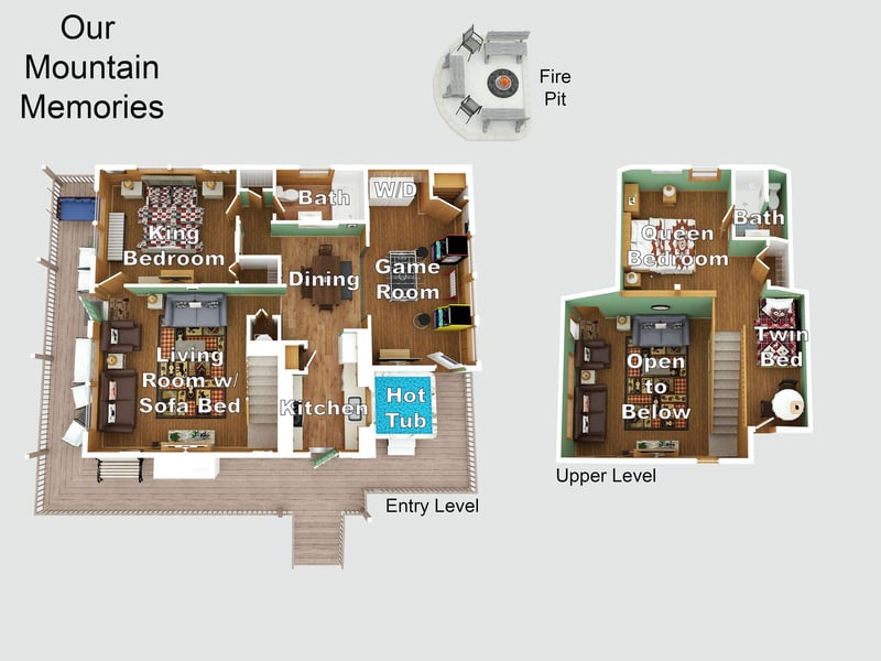 The spacious mountain cabin layout features multiple bedrooms, bathrooms, hot tub, game room, and outdoor fire pit for unforgettable family gatherings.