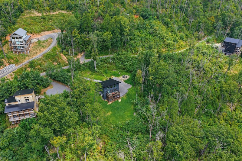 Aerial view of vacation rental properties nestled within a lush forest setting, accessible via a winding private road and surrounded by natural landscape.