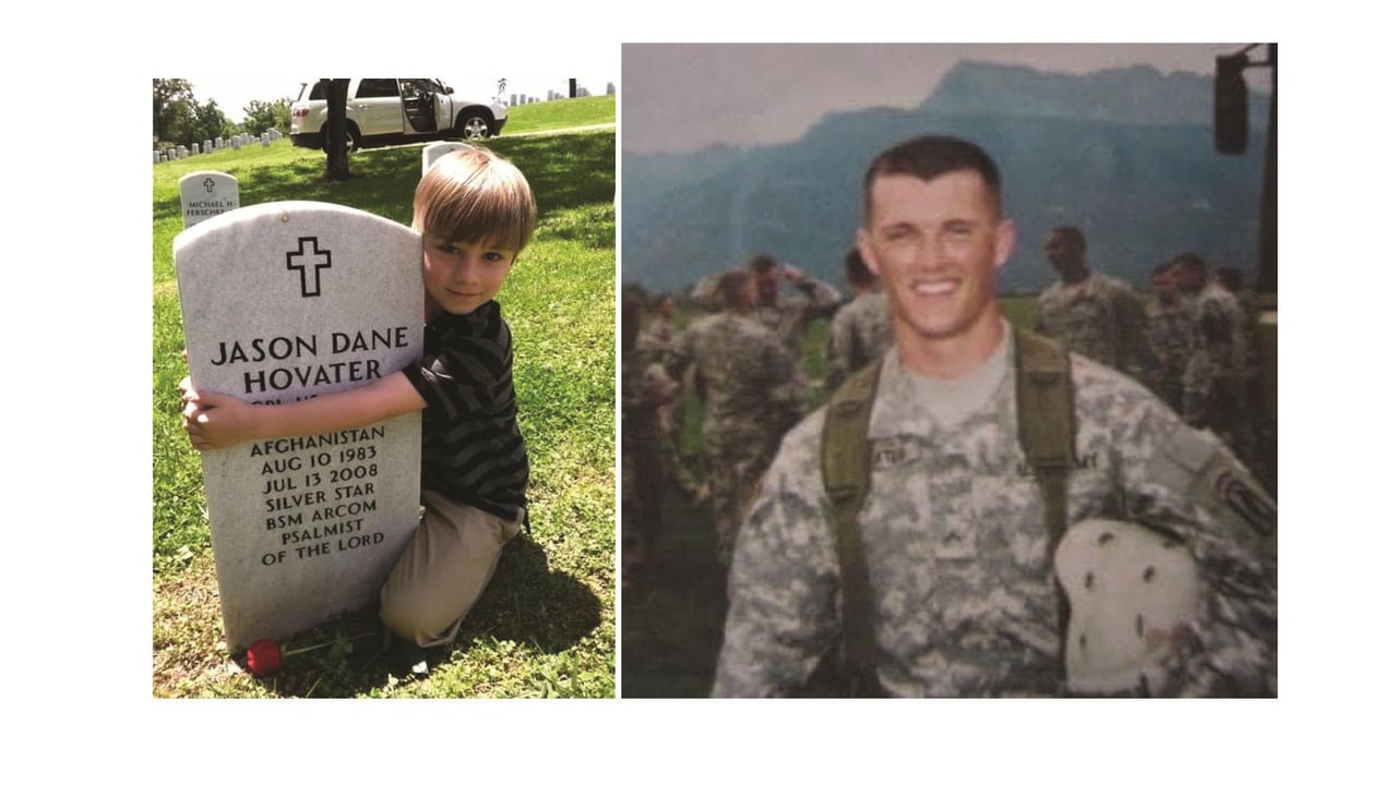 Specialist Jason Hovater and a special visitor to his final resting place.