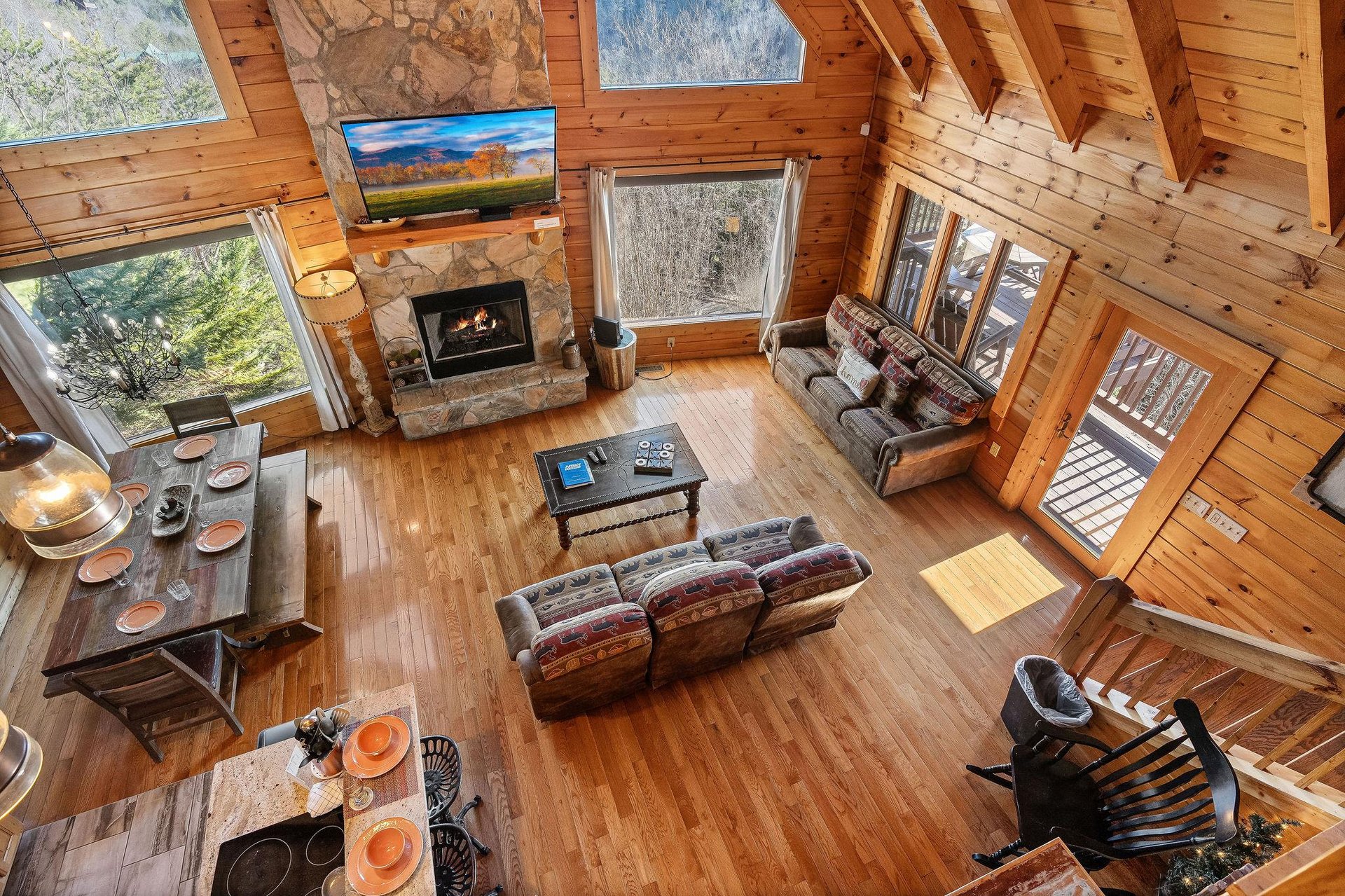 Looking down at the living room at Mountain Mama, a 3 bedroom cabin rental located in Pigeon Forge