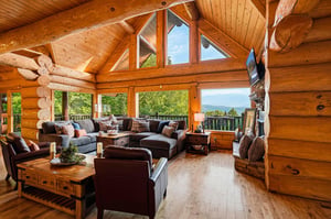 Sink into the plush sectional and take in mountain vistas through soaring logframed windows. Rustic elegance meets comfort in your living space, where every detail invites you to unwind.