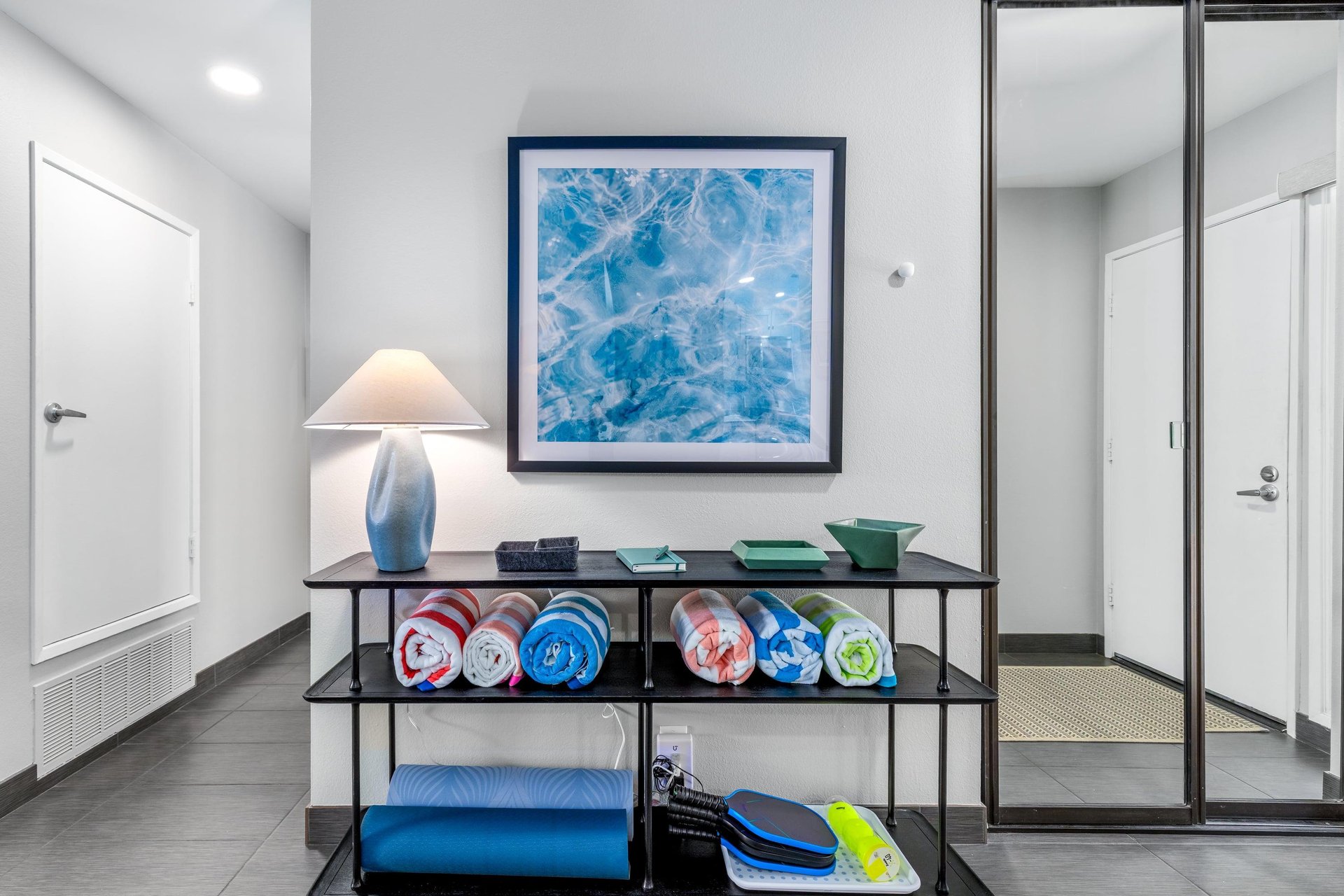 Pool towels and pickleball equipment for guest use