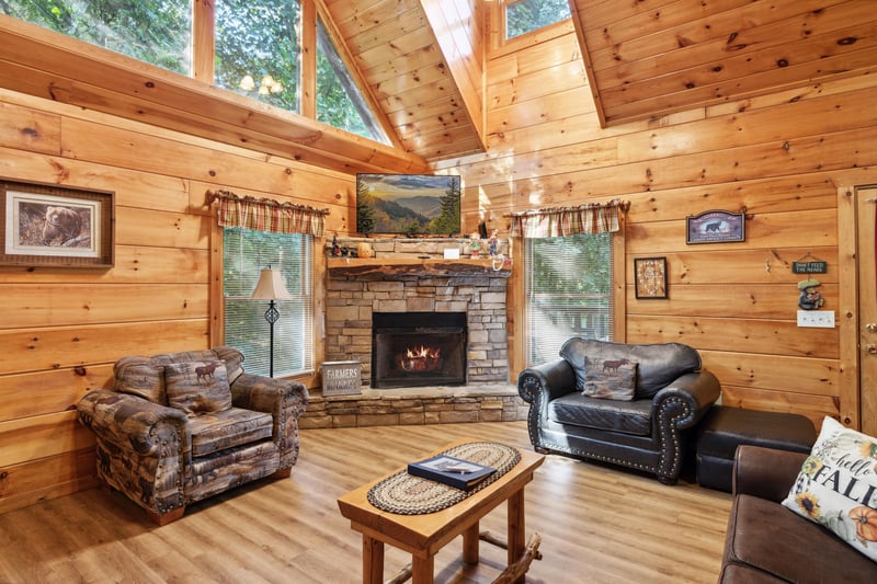 Living room with stone fireplace
