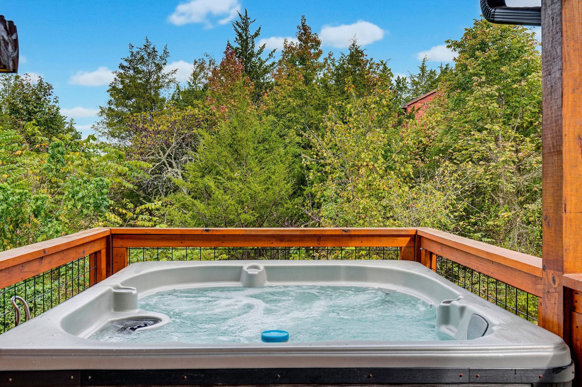 Unwind in your private hot tub surrounded by treetops and open sky—pure relaxation awaits after a day of exploring.