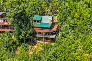 This mountain retreat sits nestled among towering trees, offering privacy and natural beauty in a serene forested setting.