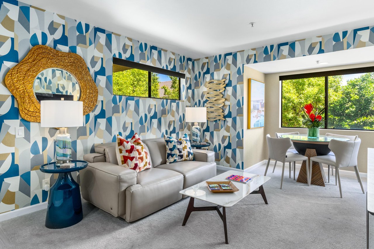 A one bedroom, one bathroom home with access to shared pools, spas, and tennis courts located in Palm Springs, CA.