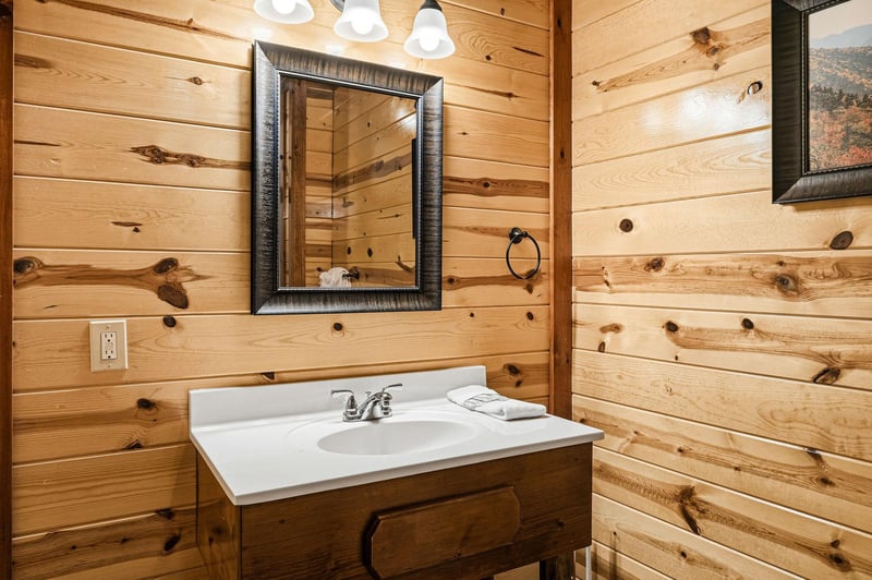 Refresh in your rustic bathroom where knotty pine walls and warm lighting create a cozy cabin atmosphere.