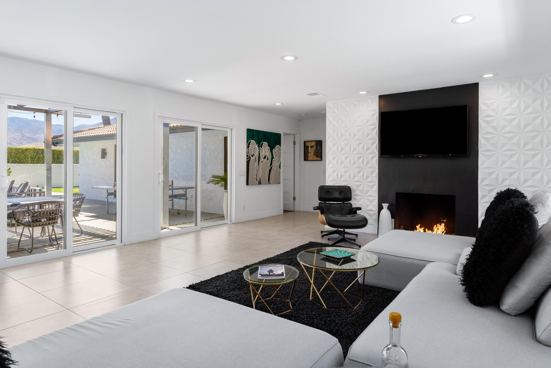 Large sectional couch, gas fireplace, and openconcept living.