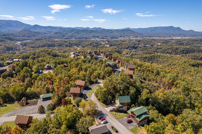 Drone view at Eagles Sunrise, a 2 bedroom cabin rental located in Pigeon Forge