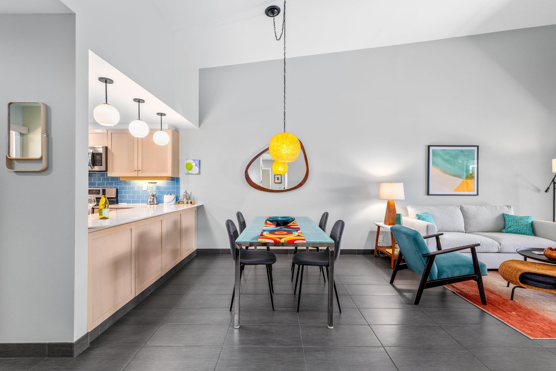 Dining area includes table and chairs for 6 guests.