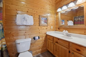 Shower, Tub, and large single vanity sink