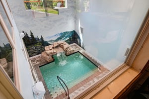 Imagine soaking in your own private indoor plunge pool, complete with a cascading rock waterfall and a serene alpine mural to transport you. Natural light pours in from above, creating a peaceful retr