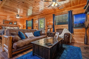Living room with blue rug