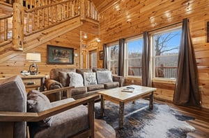 Unwind in your cozy log cabin living room with rustic charm, plush seating, and peaceful forest views from every window.