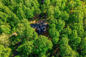 Aerial view reveals this secluded forest retreat nestled among towering trees, offering complete privacy and natural tranquility in a pristine woodland setting.