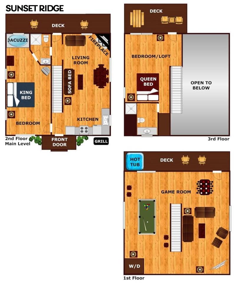 Explore your spacious threelevel retreat with game room, hot tub, and multiple bedrooms for the perfect mountain getaway.