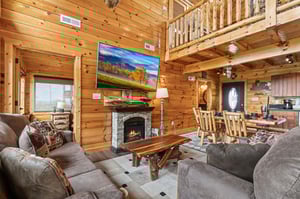 Living room seating with stone fireplace