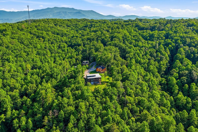 A secluded mountain retreat nestled in lush forest with dramatic peaks rising in the distance.