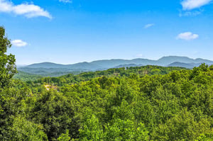 A stunning panorama of layered mountain ridges stretches across the horizon, framed by lush summer forest—an inspiring backdrop to your mountain retreat.