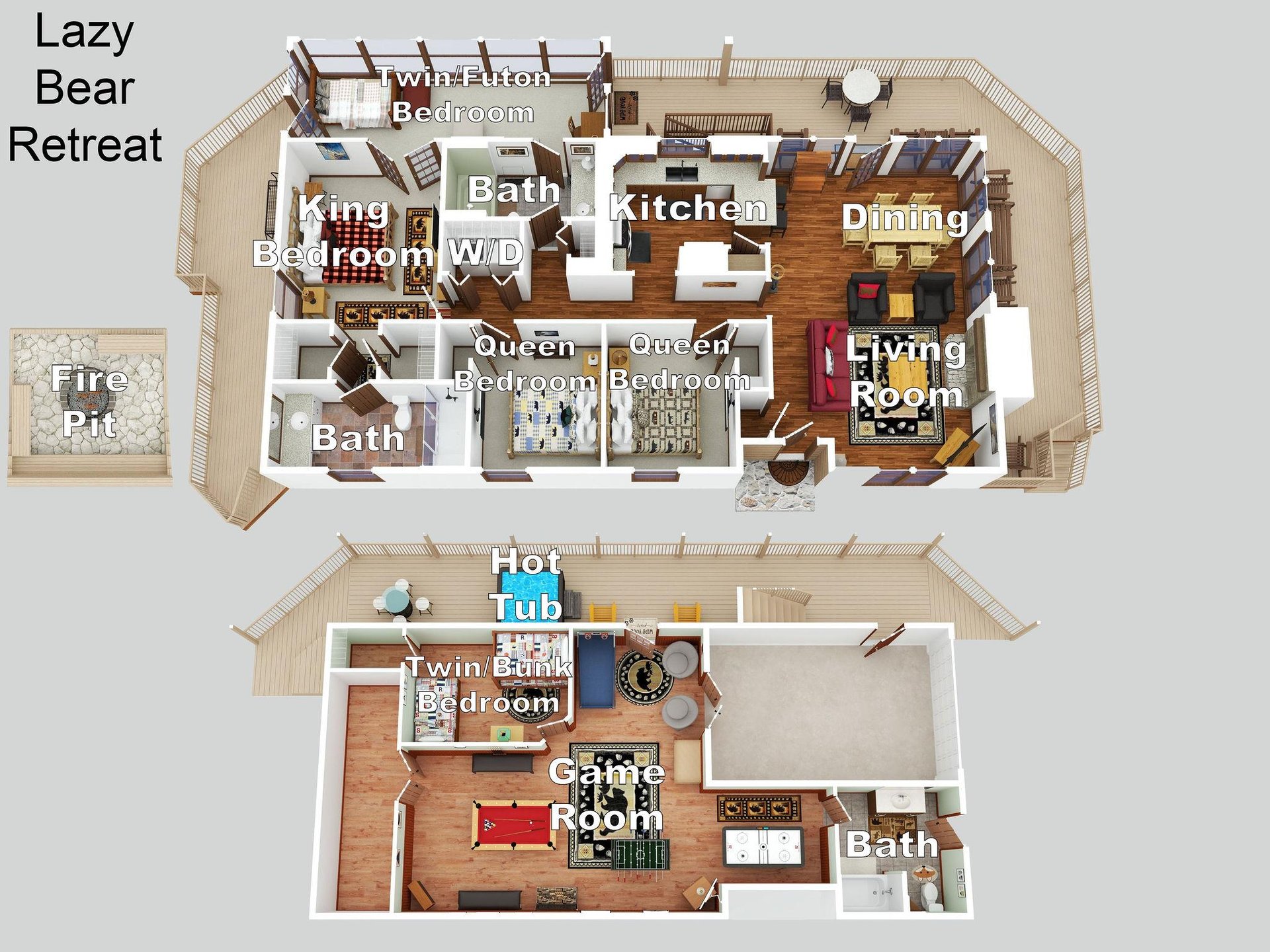 Explore this spacious mountain retreat with five bedrooms, game room, hot tub, and fire pit  perfect for your group getaway.