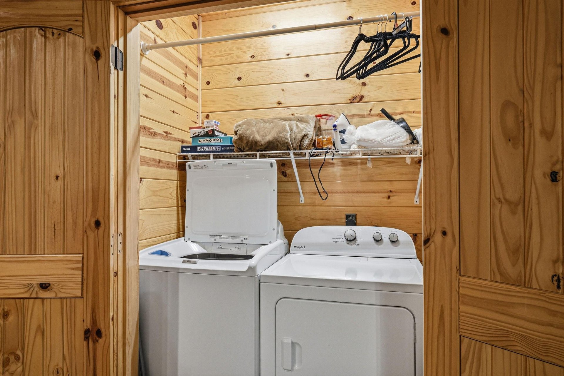 Your cozy cabin includes a dedicated laundry nook, so you can pack light and keep fresh clothes handy throughout your mountain retreat.