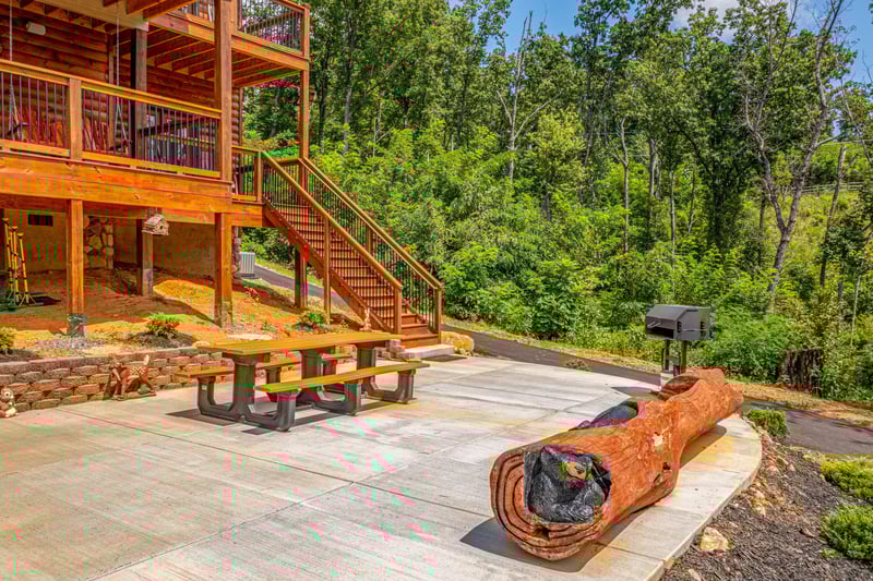 Picnic table with log seat and grill