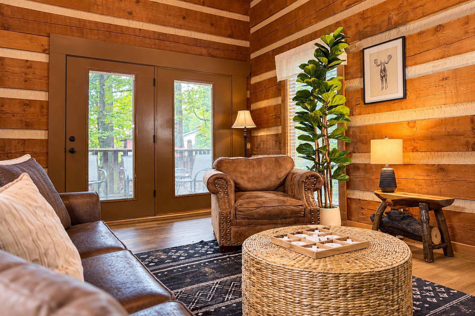 Step into your cabin retreat, where rich wood tones and rustic charm greet you. Sink into plush leather seating, enjoy peaceful views through French doors, and unwind in a space designed for relaxatio