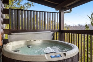 Soak in your private hot tub while taking in peaceful mountain views from this secluded covered deck.