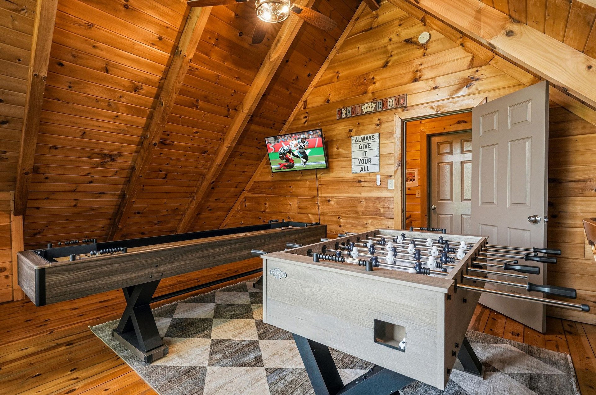 Challenge your travel companions to friendly foosball matches and shuffleboard tournaments in your private game room, all beneath warm woodbeamed ceilings that invite hours of laughter and play.