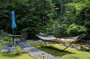 A serene outdoor retreat where a hammock overlooks a peaceful forest stream, perfect for your morning coffee or afternoon nap surrounded by natures calming sounds.