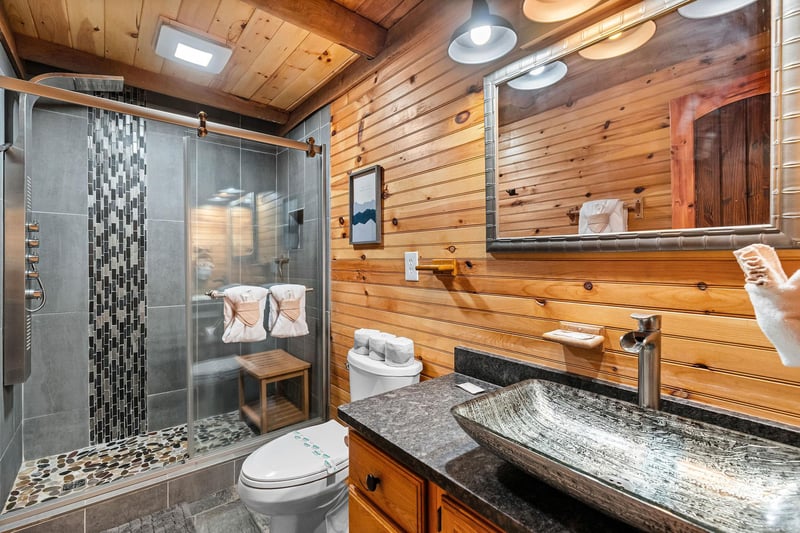 tile shower with single vanity