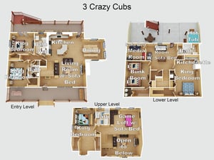 Threelevel floor plan shows spacious layout with king bedrooms, hot tub, game room, and multiple living areas across connected cabins.