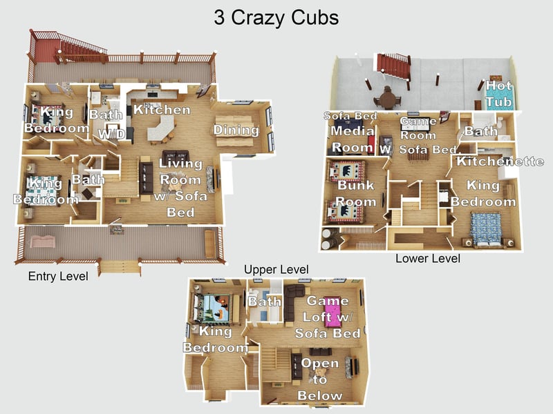 Threelevel floor plan shows spacious layout with king bedrooms, hot tub, game room, and multiple living areas across connected cabins.