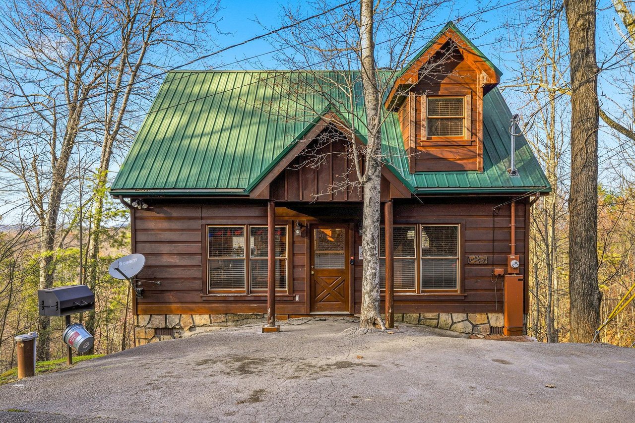 Charming log cabin with green metal roof nestled among trees, featuring covered entrance and private parking area.