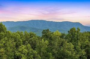 This property sits within a serene natural landscape where lush green forests meet majestic mountain ridges beneath soft pastel skies at sunrise.