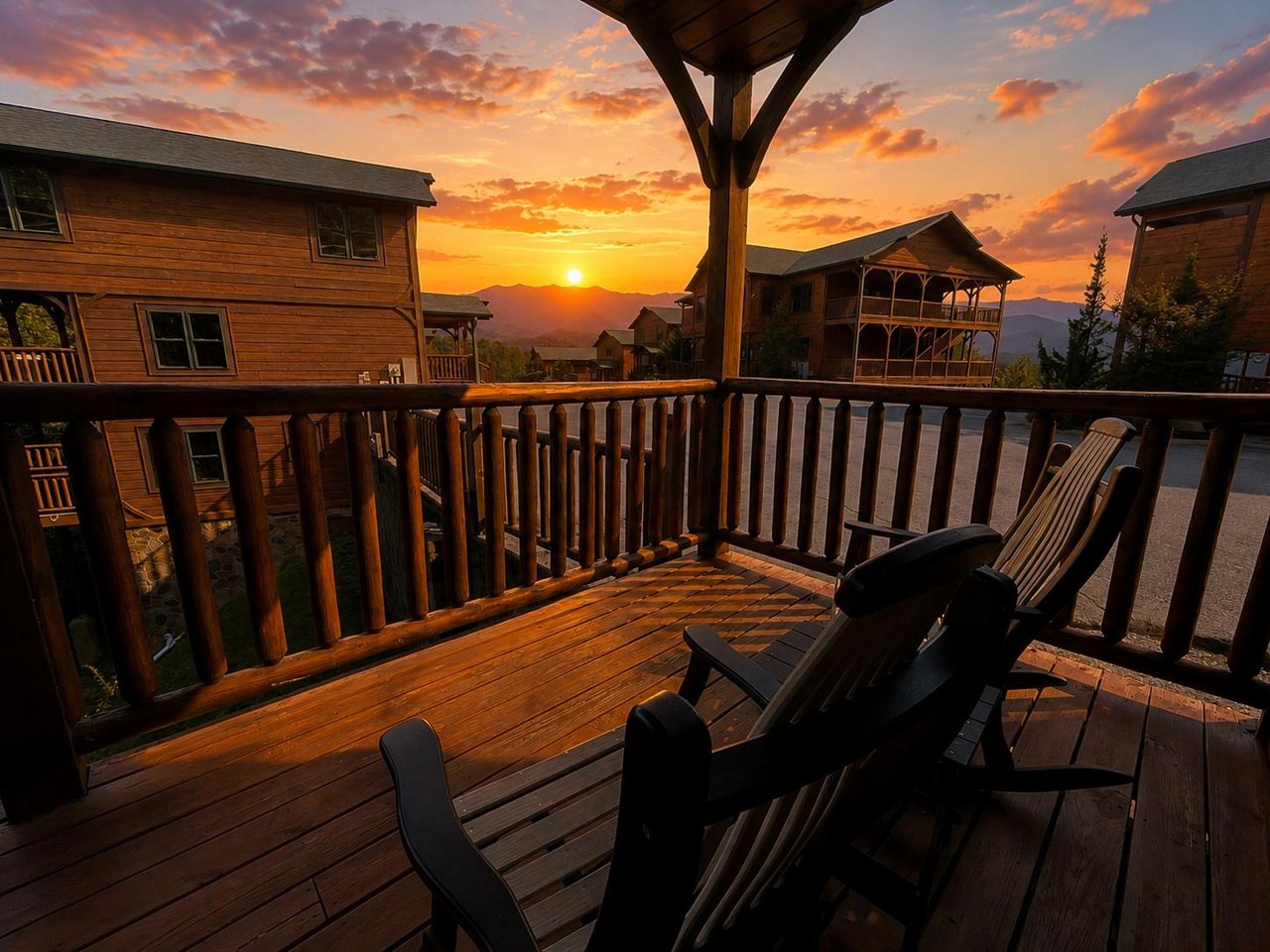 Sunset on the deck with rocking chairs